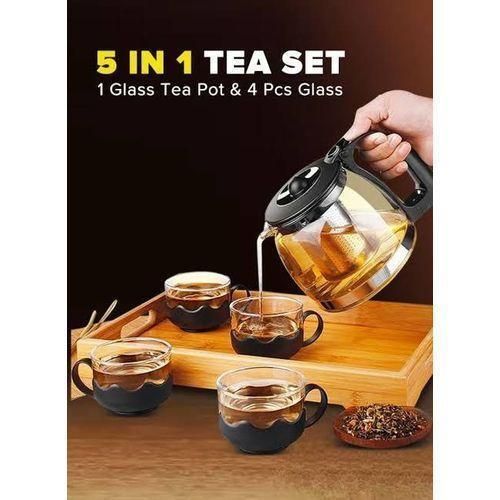 Heat resistant borosilicate glass 5in1 tea pot,5-in-1 Glass Tea Set, Heat-Resistant Teapot with Infuser & 4 Tea Cups, Modern Tea Pot Set for Loose Leaf & Bagged Tea,Modern Glass Tea Serveware,Transparent Tea Maker Set.