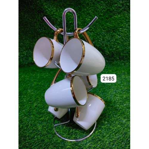 Set Of 6 Ceramic White Cups With Gold Ring Pattern