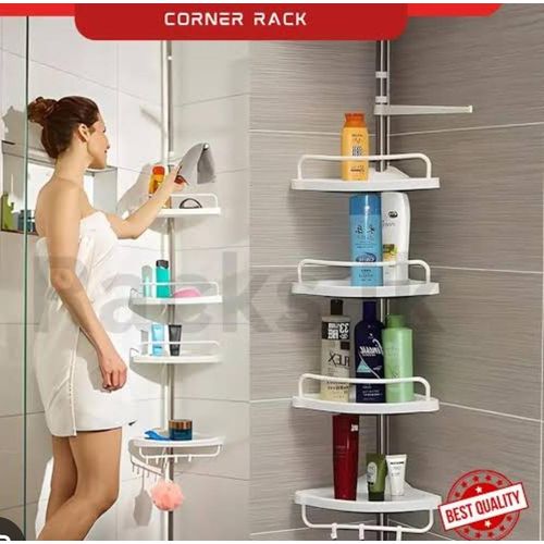 Premium Multi-Corner Bathroom Storage Shelf with 320cm Adjustable Height Tension Pole – 4-Tier Heavy-Duty Ground-to-Ceiling Shower Caddy Organizer with Towel Bar and Hanging Hooks