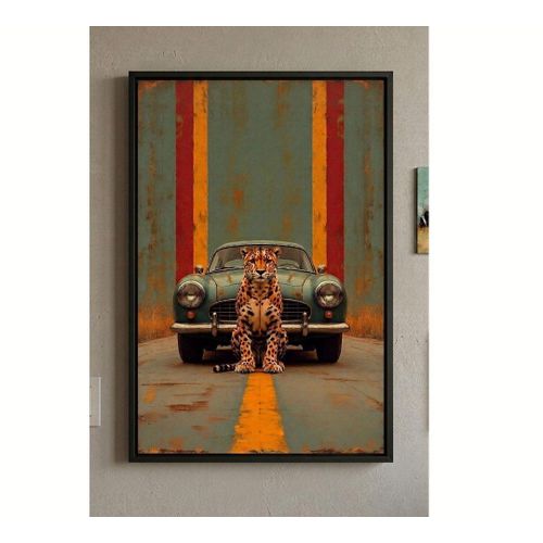 Wild Cheetah & Vintage Car Wooden Framed Wall Art With Glass. Ready To Hang. Black, White & Clear Wooden Frame