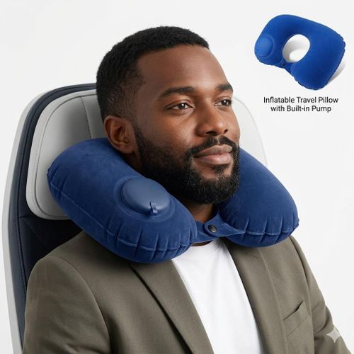 Inflatable Travel Neck Pillow with Built-in Pump & Soft Velvet Cover for SGR, Flight & Bus Travel - Ergonomic Portable Neck Support