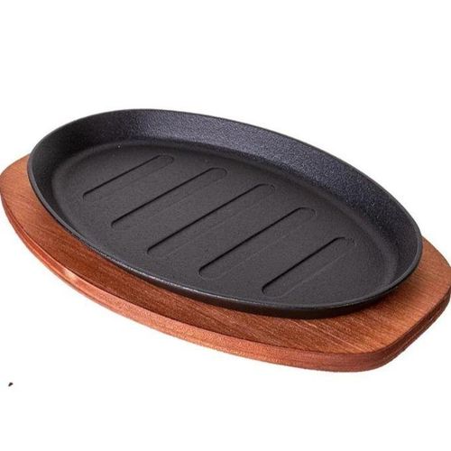 Pan With Wooden Tray Cast Iron Hot Sizzling Plate
