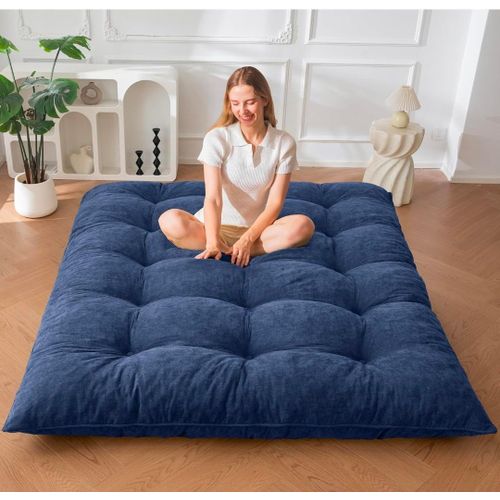 Floor Mattress Full Size, 6" Chenille Japanese Futon Mattress Foldable Floor Bed for Adults Tufted Roll Up Floor Couch Bed, Tatami Mat Sleeping Pad for Living Room, Bedroom, Navy