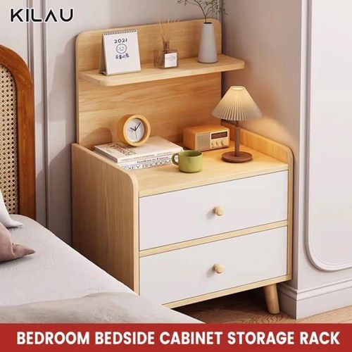 Minimalist Wooden Bedside Table with 2 Drawers & Upper Storage Shelf – 37 × 30 × 70 cm