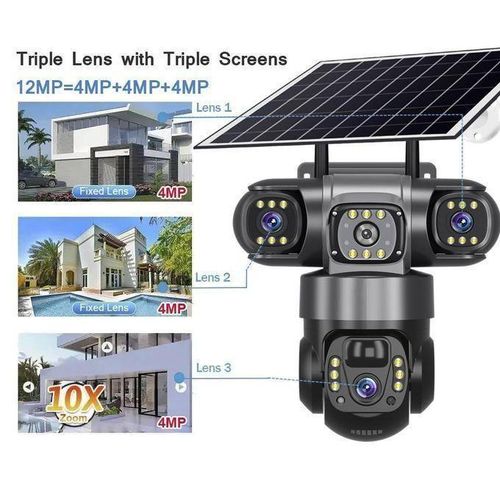 Solar Light 4G (Simcard) V380 Triple Lens Three Screens Camera Solar Powered - (PIR Human Detection,Colored Night Vision, All Weatherproof, Security Video IP Camara 4mp Battery CCTV Monitor)