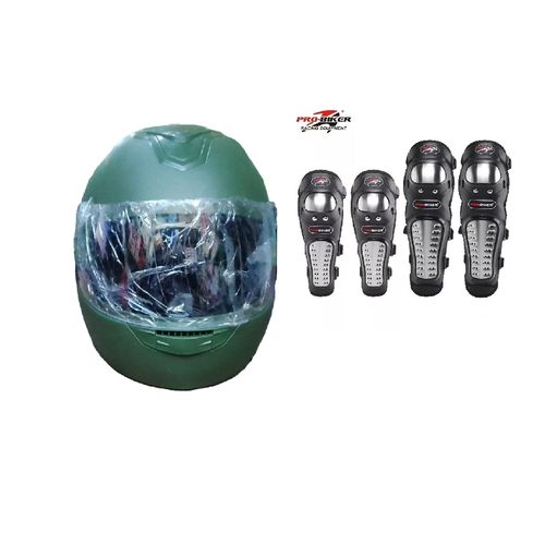 Motorcycle Racing Knee And Elbow Guard Protector And Full Head Green Helmet
