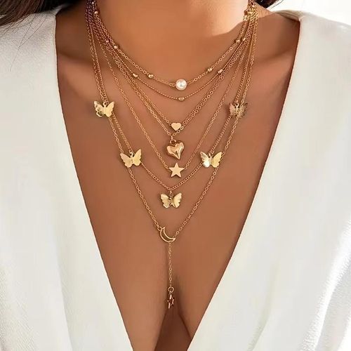 Dainty Gold Necklace Set for Women Stackable Necklace with Butterfly Heart Moon Star Charm Layered Necklace for Daily Wear