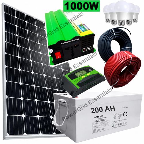 Full Kit – 500W Panel + 200Ah Battery + 1000W Inverter + 40A Controller + 20M Dropping Cable + 5 FREE Bulbs