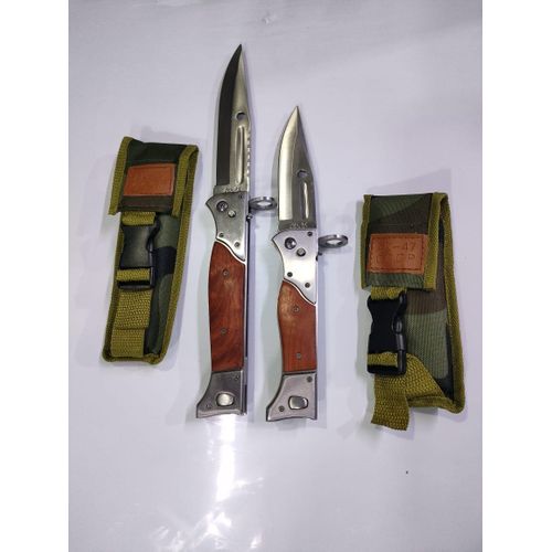AK 47 Automatic Snap-On Open Folding Pocket Knife With LED Light, Stainless Steel Blade, Wooden handle, EDC Knives for Hiking, Outdoor, Camping, Gift Nylon Sheath Pocket Clip for Men Women(