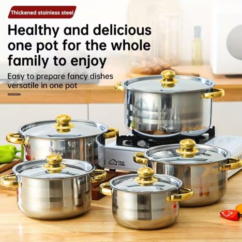 10-Piece:5 Pots + 5 Lids, Stainless Steel Cookware Set – Non-Stick Pots & Pans with Heat-Resistant Handles, Frying Pan, Stew Pot, Wok, Multi-Functional Cook Set,perfect for stewing and cooking