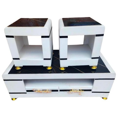 Modern 3-Piece TV Stand & Side Table Set, White & Black Marble Finish Entertainment Unit