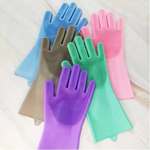 Silicone Cleaning Gloves with Scrubber Bristles Heat Resistant Reusable Dishwashing Multipurpose Household Cleaning Gloves 1 Pair