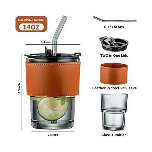 Gorgous slub glass smoothie cup with STRAW and leather cover Capacity 300mls