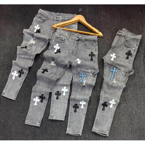 Men's Chrome Style Grey Distressed Cross Patch Jeans