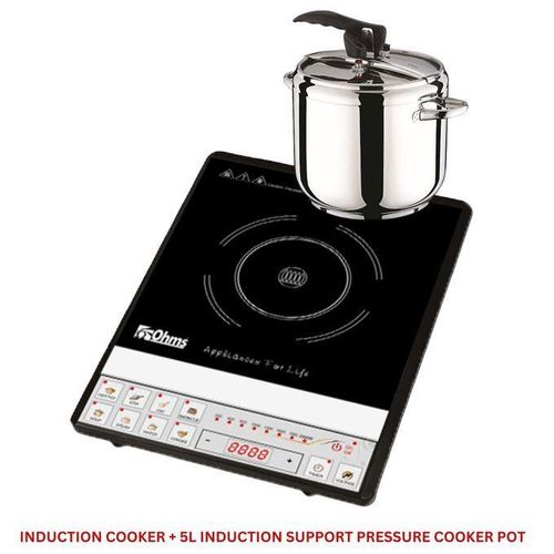Home Perfect Ohms Induction Cooker with Induction Supported Pressure Cooker 5Ltr High Quality Pot Stainless Steel Aluminum Base 1Yr Warranty.