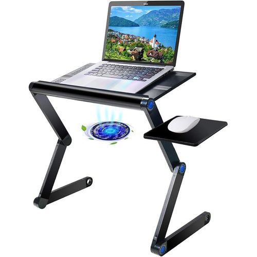 Extra Wide Aluminum Laptop Stand Adjustable with Cooling Fan and Mouse Pad, Reinforced Ergonomic Lap Desk Foldable Portable Computer Table for Bed Sofa Couch (Black)