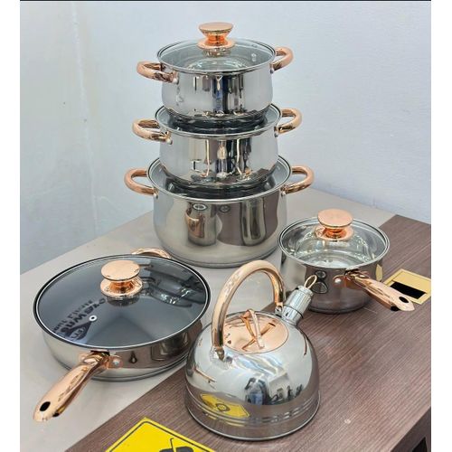 Yetimai Premium Stainless Steel Induction Base Cooker Set – 10 Pieces with Copper Handles & Glass Lids