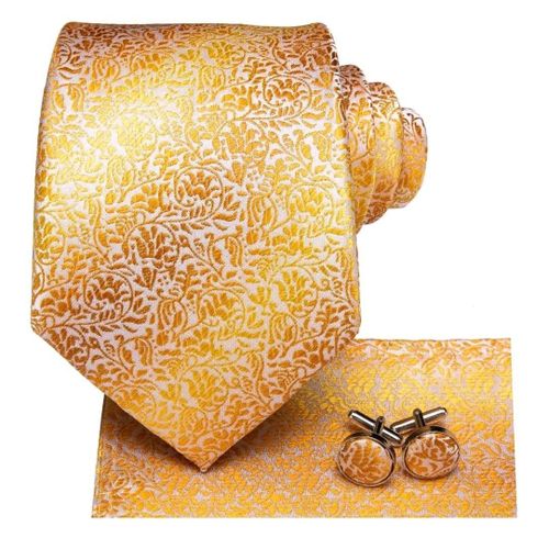 Golden leaves necktie with cufflinks and pocket square