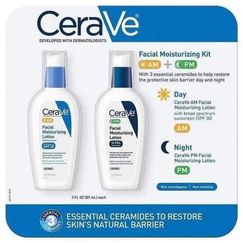 Ceraveee AM PM Facial Moisturizer Duo For Normal To Dry Skin Includes AM Facial Moisturising Lotion With SPF 30 Day Cream PM Facial Moisturising Lotion Night Cream Non-Comedogenic With Ceramides Niacinamide