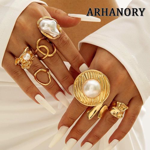 7-Piece Adjustable Stacking Ring Set for Women with Baroque Imitation Pearl – Gold