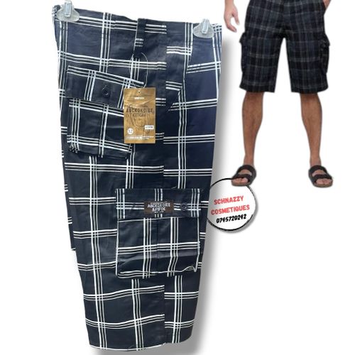 Mens Casual Shorts Relaxed Fit Easy Go Plaid Black White Multipocketed