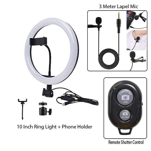 10 Inch Ring Light, 3 Meter Lapel Mic & Remote Shutter Control