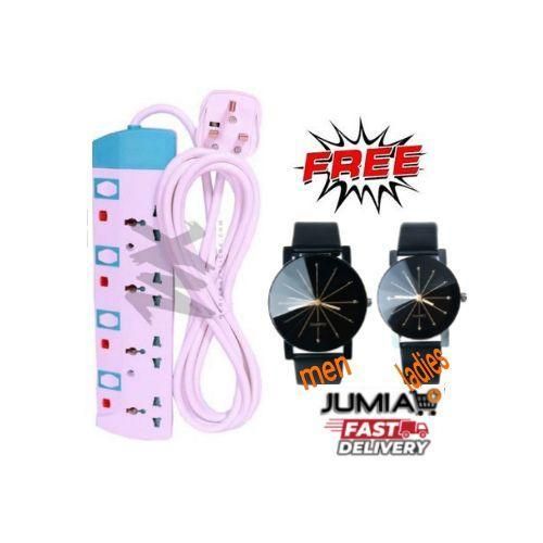 Power King Heavy Duty Best 4 Way Power Extension Cable + Free Men & Ladies Watches