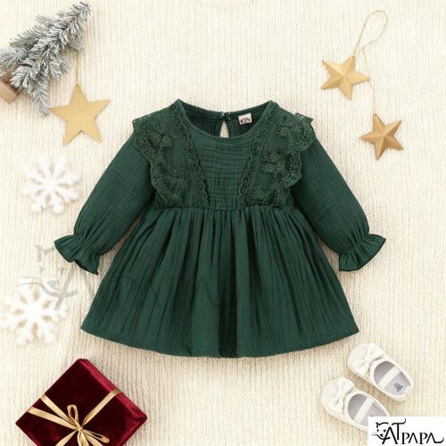 2-3 Years old girls long sleeve lace cotton dress fashionable and lively casual wear-Green