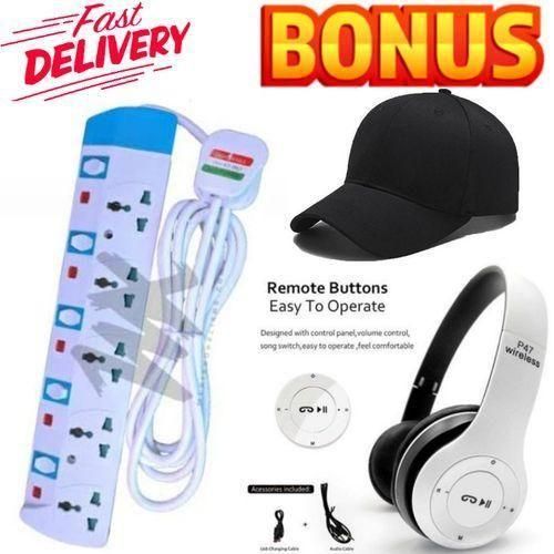 Power King 5-Way 5 Way Power Extension Cable With Safety Switches Free Quality Gifts Adjustable Cap STRONG BASS BLUETOOTH WIRELESS Headphones