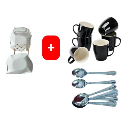 Melamine Square Dinner Plates – 6PCS Set with FREE Coffee/Tea Cup Mugs & 12PCS Table Spoons