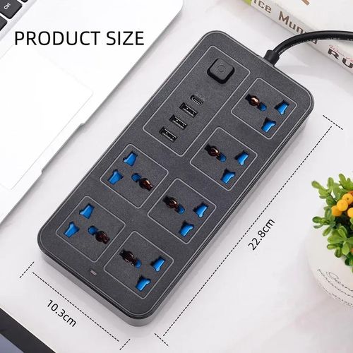 6-Way Extension Socket with USB-C & Multiple USB Ports, Individual Power Switch, Surge Protection, Universal Sockets – Fast Charging Power Strip for Home & Office, Available in Black or White