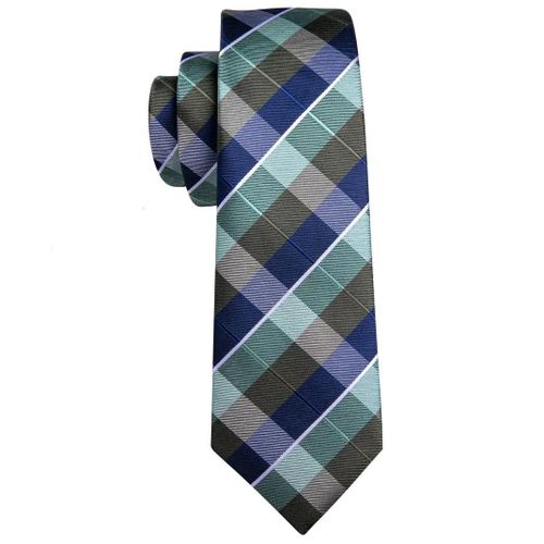 Navy and green checked necktie with cufflinks and pocket square
