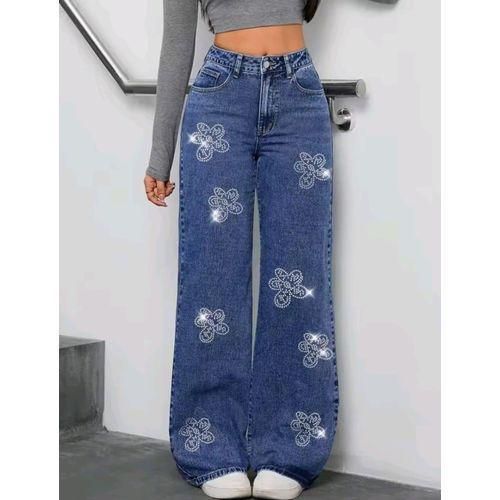 Butterfly Sparkle Mom Jeans Ladies Denim Jeans-blue