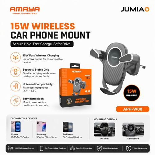 15W Wireless Car Phone Mount Charger APH-W08 Fast Qi Charging Auto Gravity Clamp Air VentDashboard Holder for iPhone Android 1 Year Warranty