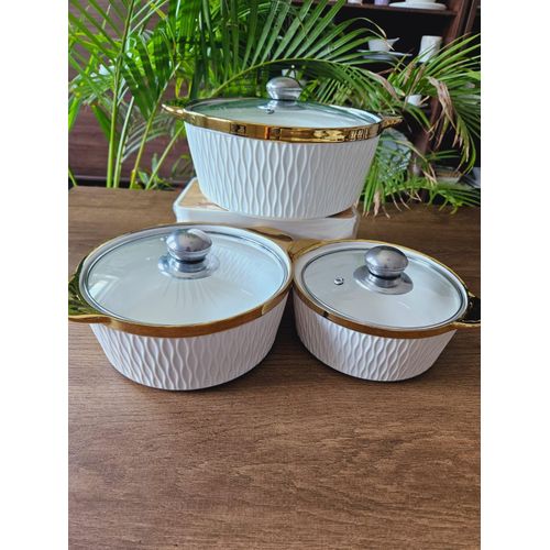 3pcs Gold Ceramic Serving Dishes with Glass Covers – Elegant Dining Tableware Set