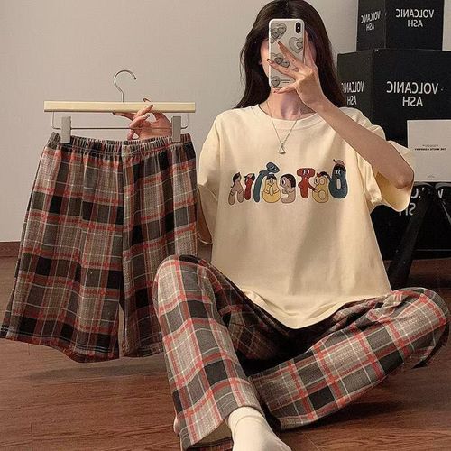 Coco Beige & Brown Plaid Pajamas & Lounge 3 Piece-Set/ Short Sleeved Top, Matching Shorts & Full length Pants