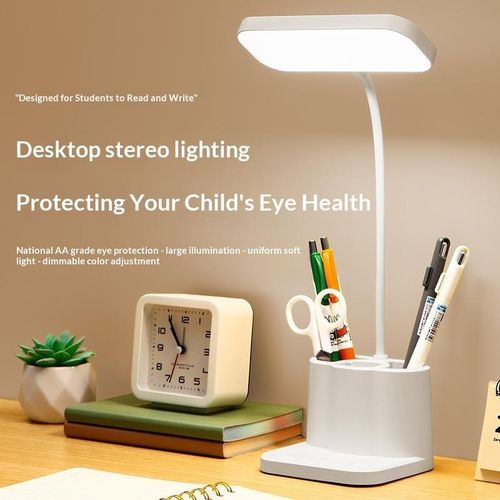 Smart Eye-Caring LED Desk Lamp with Stationery Holder 3 Color Modes Dimmable Flexible Gooseneck for Student Study Reading