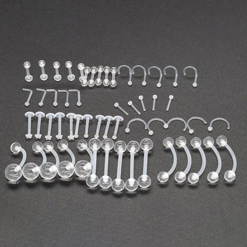 55pcs Acrylic Transparent Puncture Kit Barbell Eyebrow Lip Tongue Nose Ring Earrings L Shaped Clear Puncture Jewelry