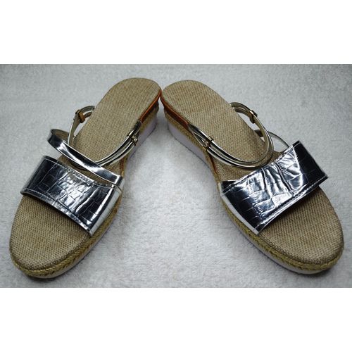 Ladies Metallic Silver Croc-Textured Wedge Sandals – Size 40