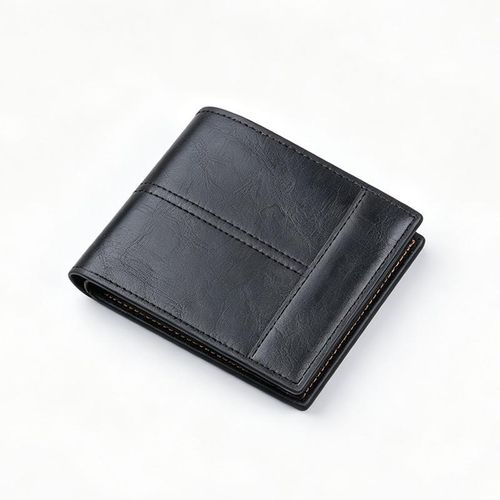 Mens Trifold Leather Wallet Multi Card Slots with Zipper Coin Pocket - Black