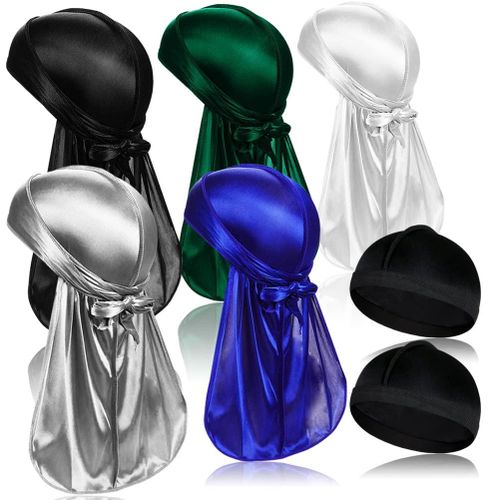 5 Pcs Silky Durag Headwraps With Long Tail And 2 Pcs Satin Wave Cap Perfect For Men 360 Waves