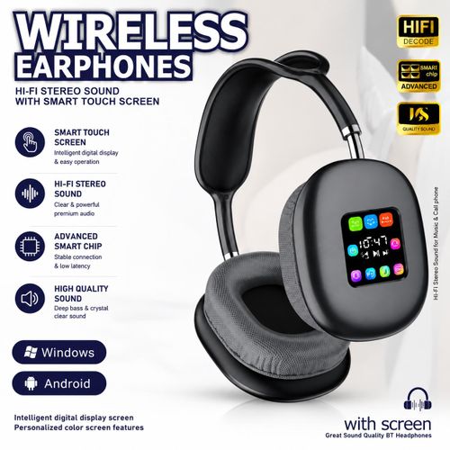 Wireless Headphones with Smart Touch Screen – Hi-Fi Stereo Sound Bluetooth Headset