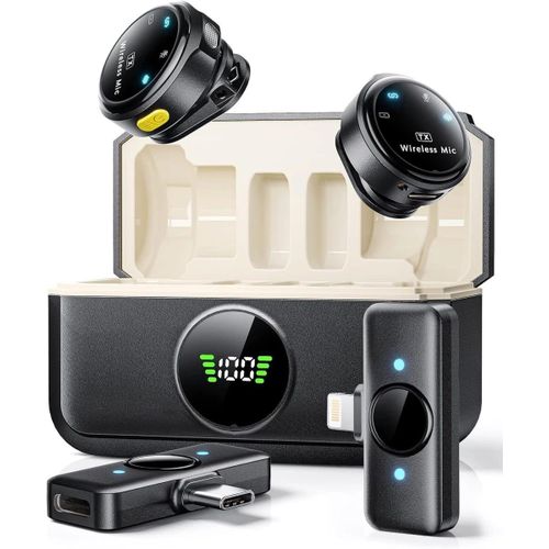 Mini condenser UHF wireless 2 in 1 dual lavalier microphone small collar clip for iphone type C for Android and iphone with LED display