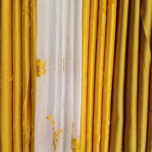 2Pcs Heavy Blackout Mustard Yellow Curtains and Eyelet Header 15M Each with Matching Embroidered White Heavy Sheer with Rod Pocket Header 2M