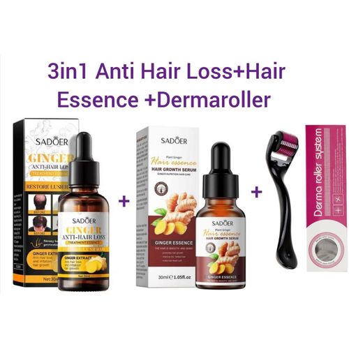 Nourishing 3 IN 1 Ginger Hair EssenceGINGER ANTI HAIR LOSSDERMA ROLLER Hair Growth Serum Essence Hair Growth Ginger Extract Beard Growth Anti Dandruffs Hair Care Serum Derma Roller Compliment Treatment Essence Hair Growth Restoration Serum Minox