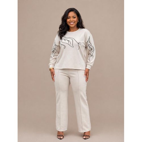 Cream Two-Piece Lounge Set Printed Long Sleeve Top Straight-Leg Pants