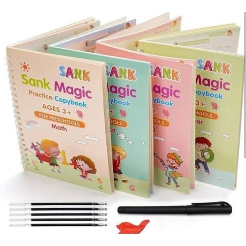 Sank Magic Practice Copybook Set for Kids 4 Books 1 Pen 1 Grip 10 Refills Reusable Alphabets Numbers Drawing Writing Books Handwriting Activity Kit for Ages 37 Years