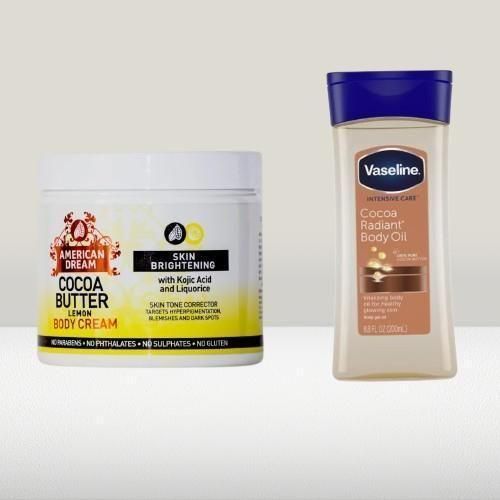 Vaseline Intensive Care Cocoa Radiant Body Oil 200ml + American Dream Cocoa Butter Cream with Kojic Acid and Liquorice