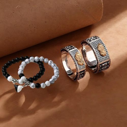 4 PCS Couple Pixiu Fengshui Rings + Couple Bracelets
