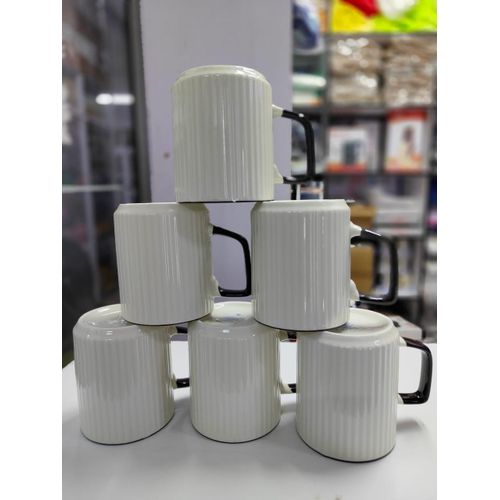6pc Japanese Style Ceramic Mugs Elegant White Black Minimalist Tea Coffee Cups